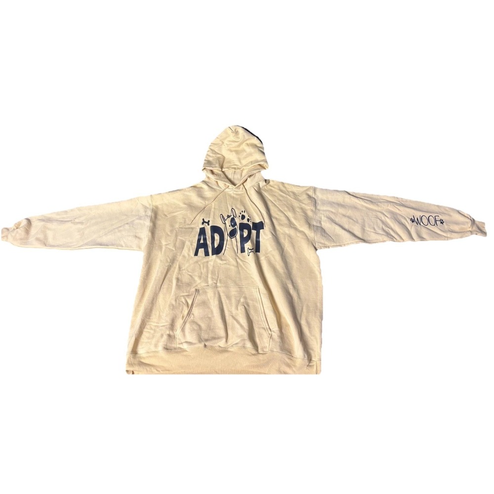 ADOPT Yellow Woof Graphic Pullover Hoodie Beige Tan Dog Rescue Adult Unisex